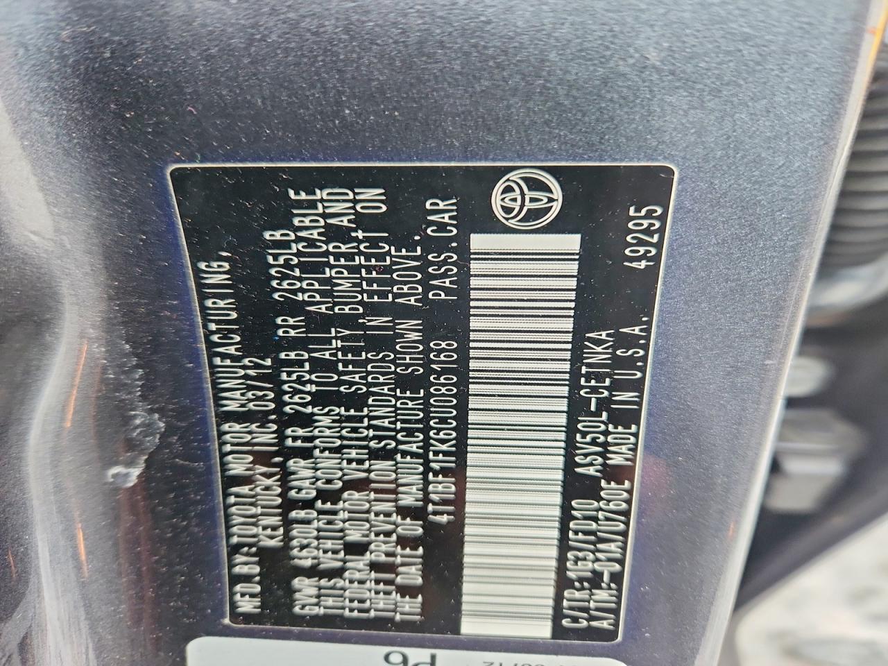 2012 TOYOTA CAMRY BASE photo 12