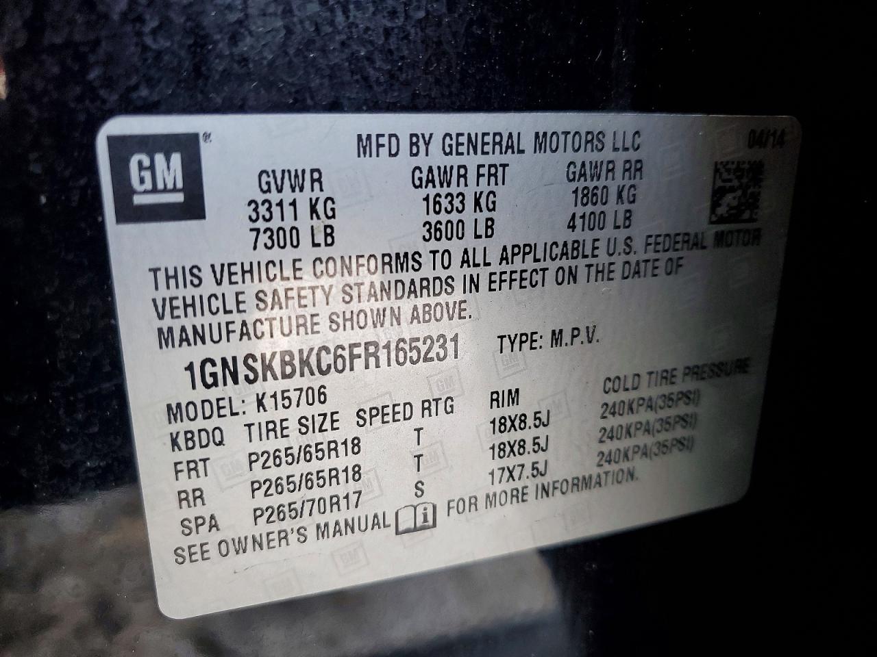 2015 CHEVROLET TAHOE K1500 LT photo 14