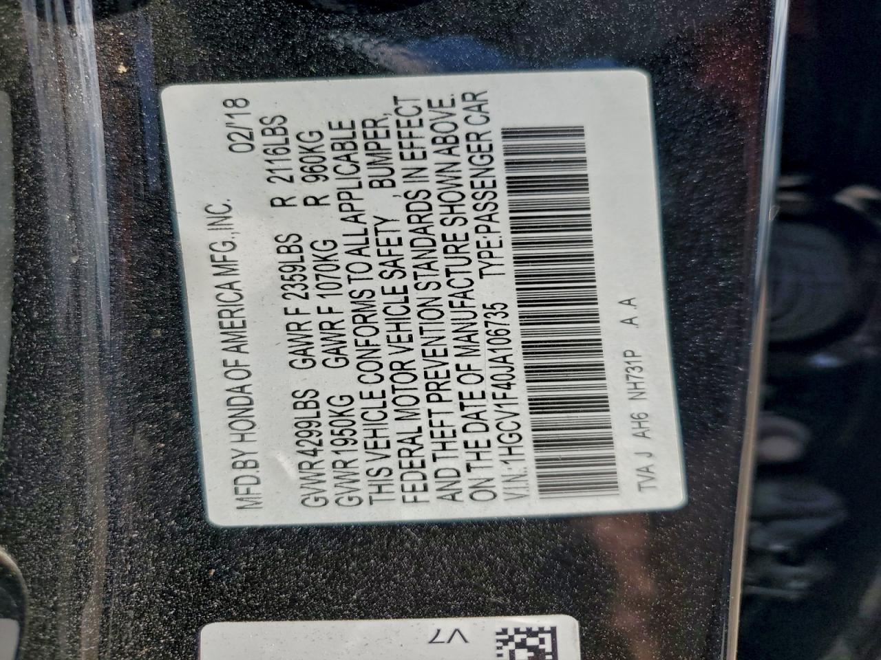 2018 HONDA ACCORD EX photo 13