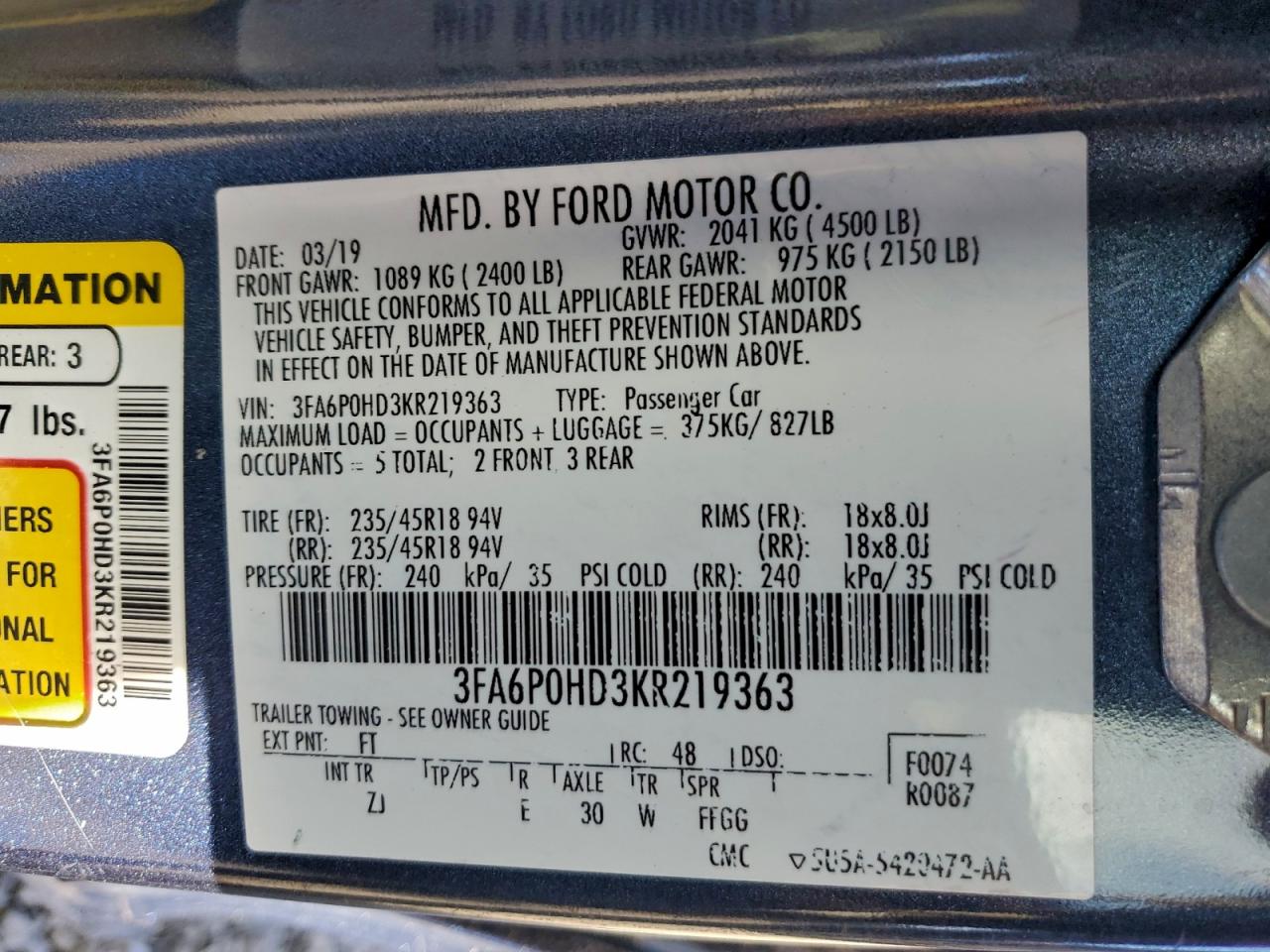 2019 FORD FUSION SE photo 34