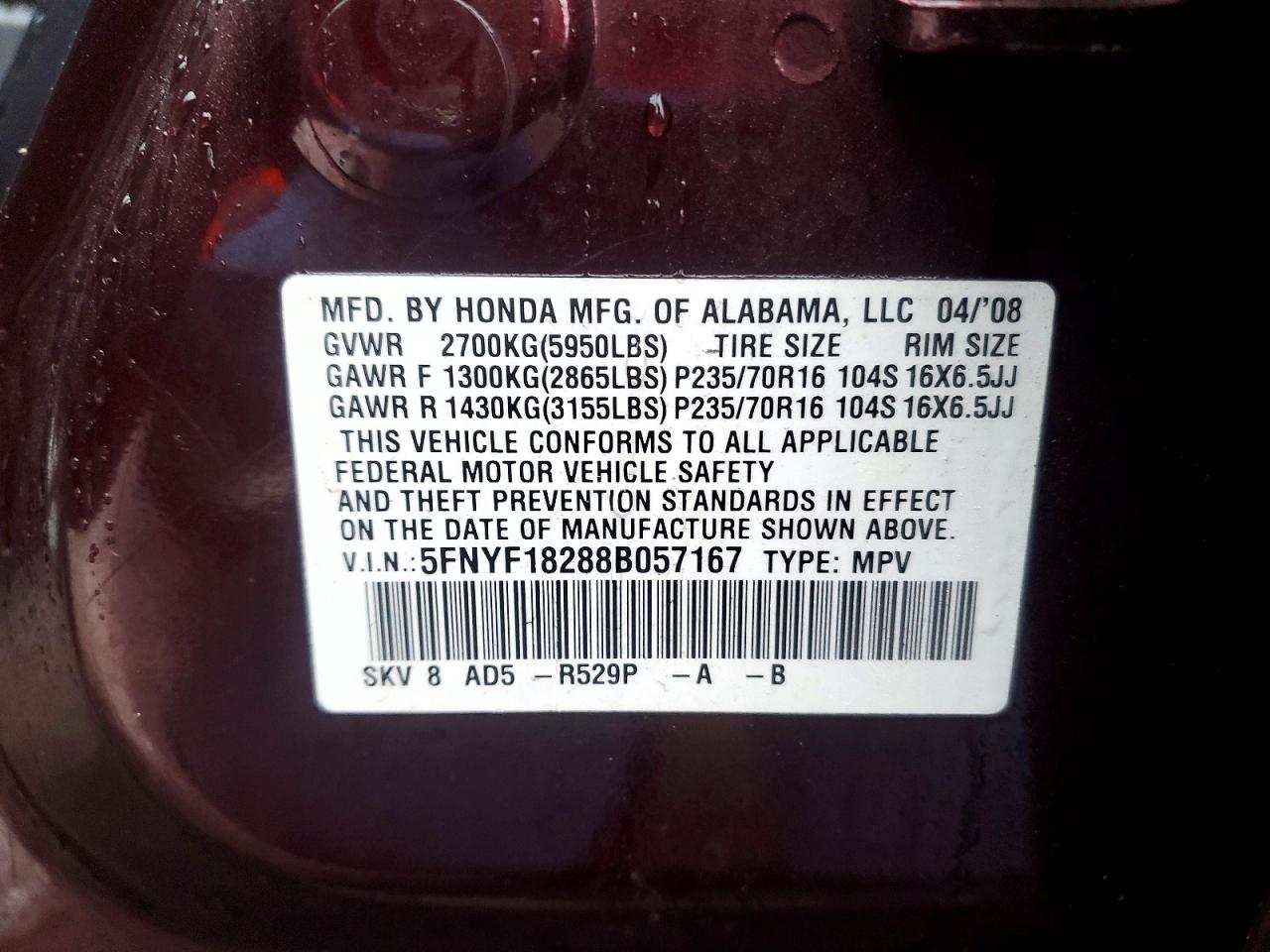 2008 HONDA PILOT VP photo 14
