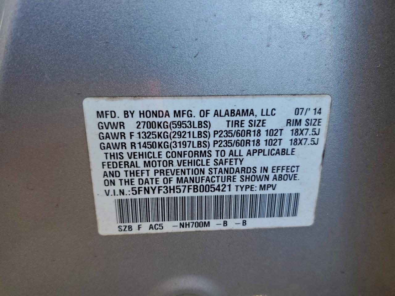 2015 HONDA PILOT EXL photo 12