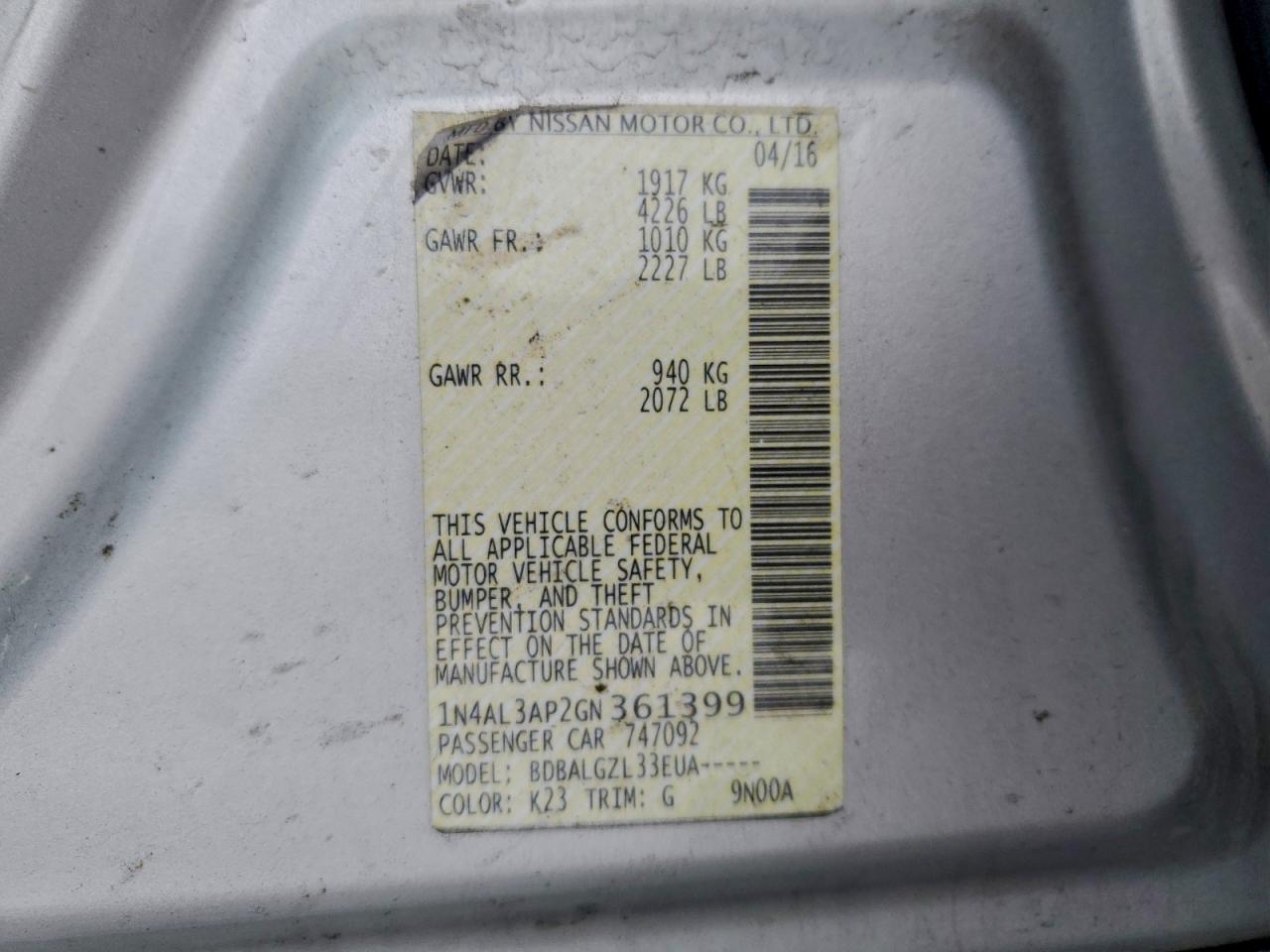 2016 NISSAN ALTIMA 2.5 photo 12