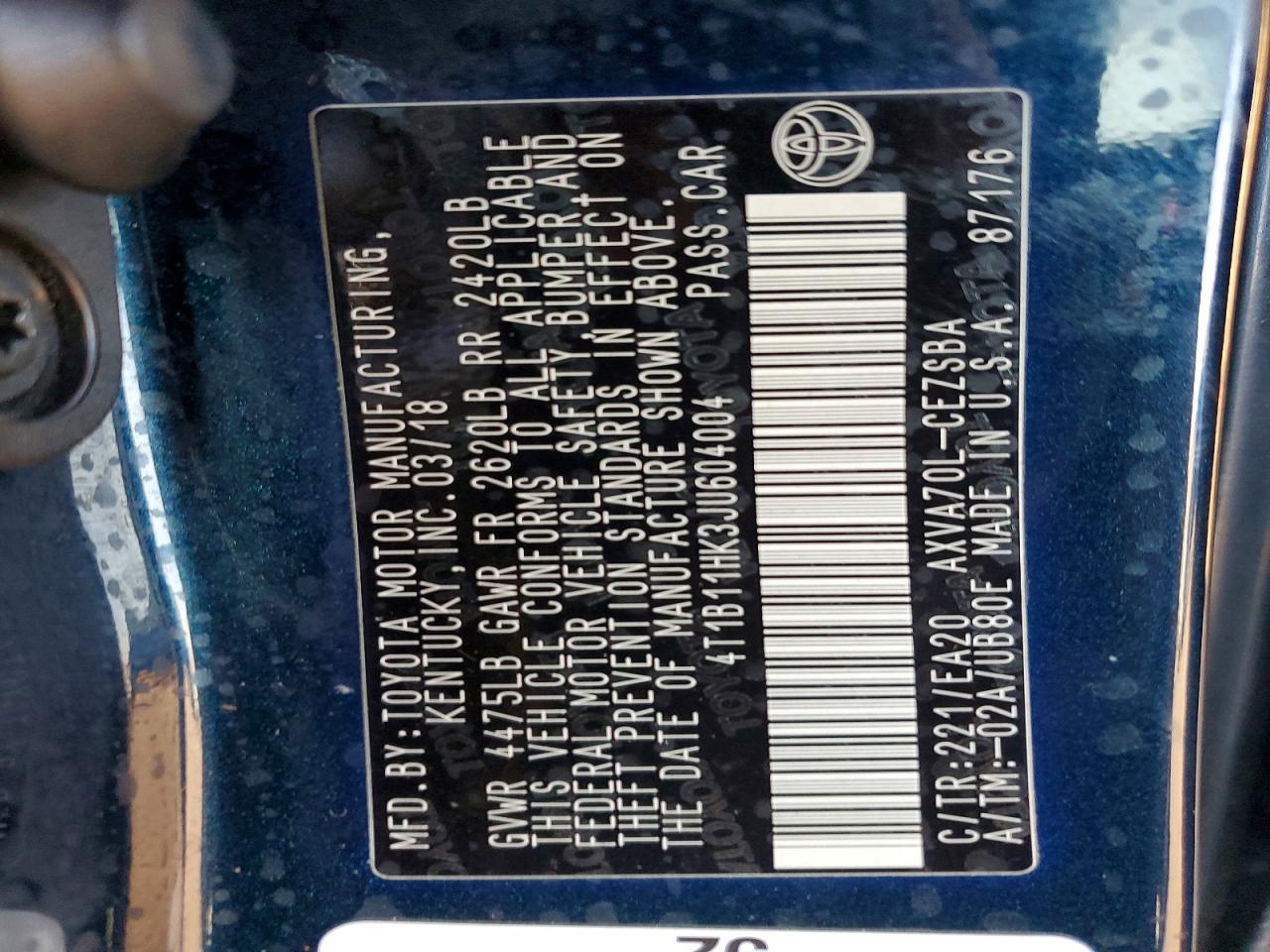 2018 TOYOTA CAMRY L photo 12