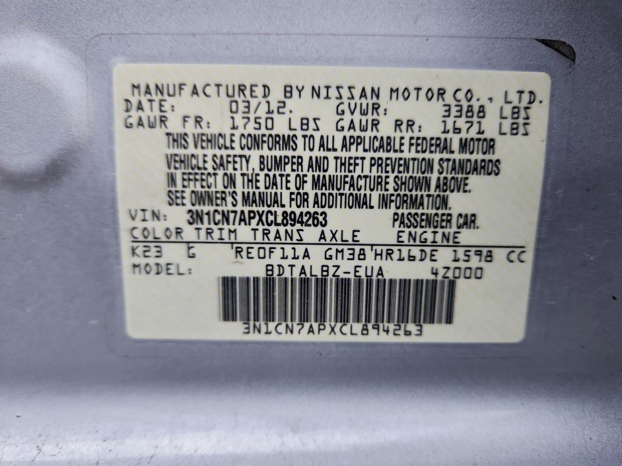 2012 NISSAN VERSA S photo 12