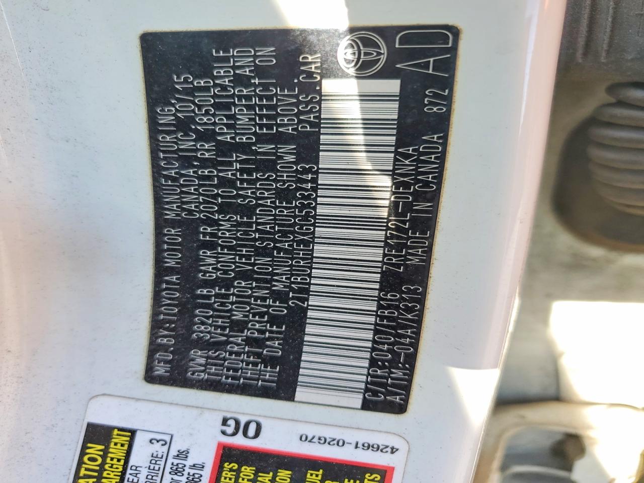 2016 TOYOTA COROLLA L photo 12