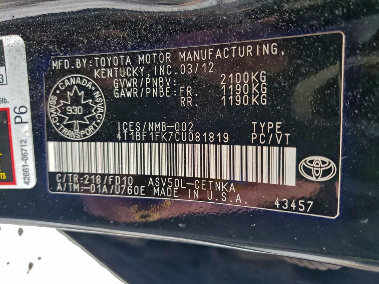 2012 TOYOTA CAMRY BASE photo 13