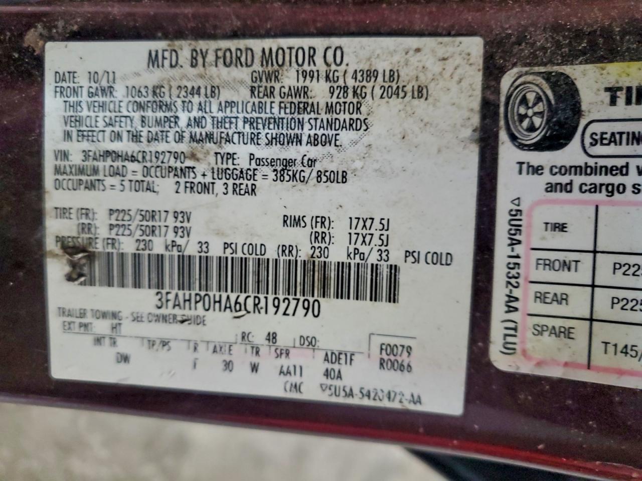 2012 FORD FUSION SE photo 12