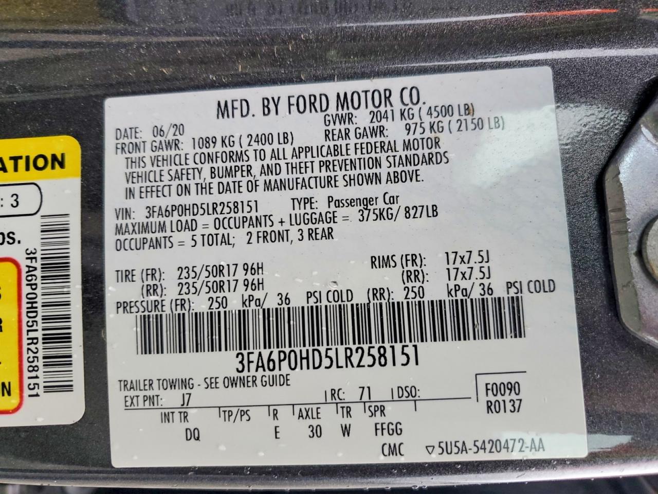 2020 FORD FUSION SE photo 12