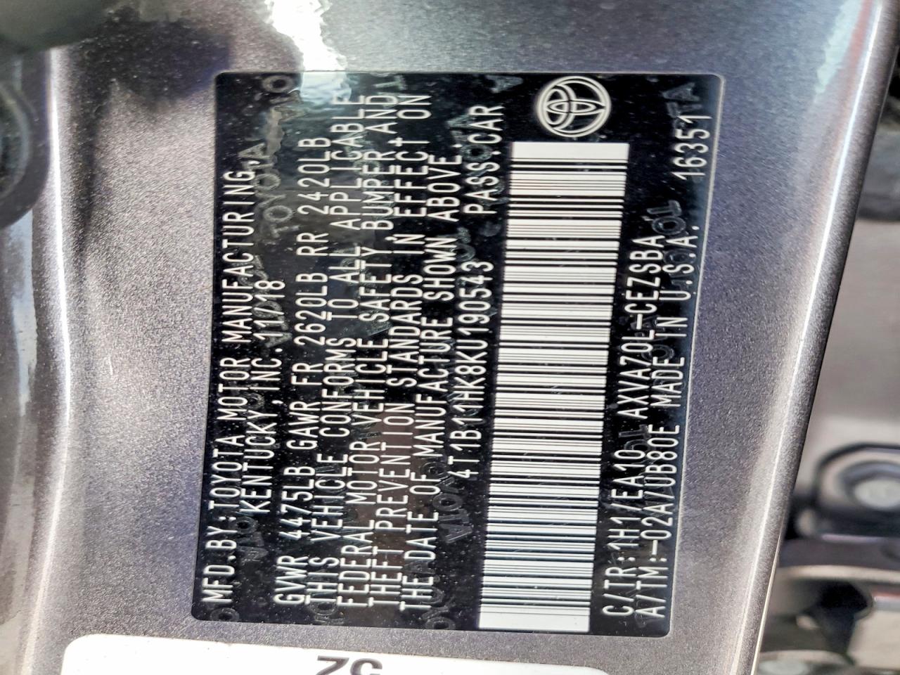 2019 TOYOTA CAMRY L photo 12
