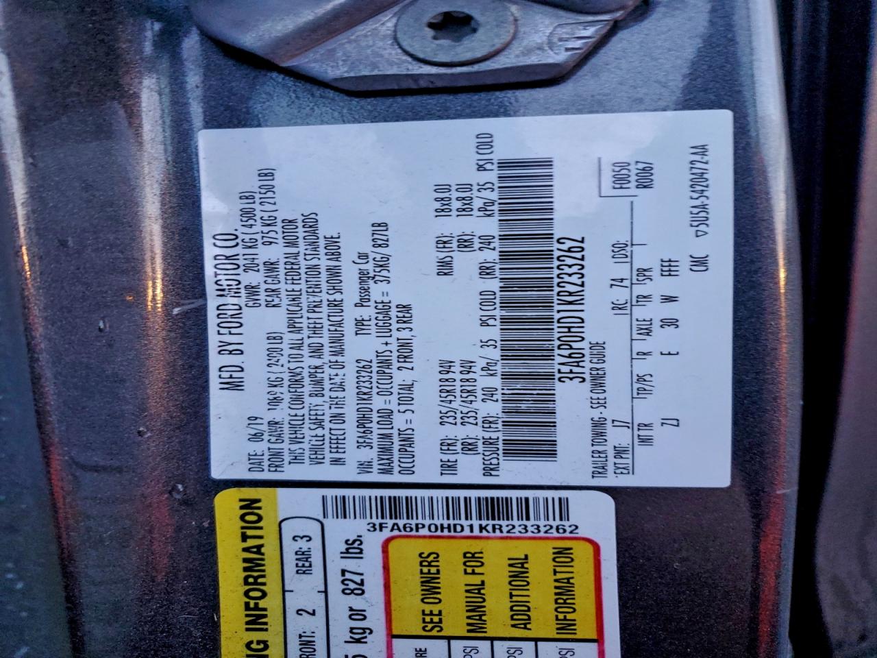 2019 FORD FUSION SE photo 12