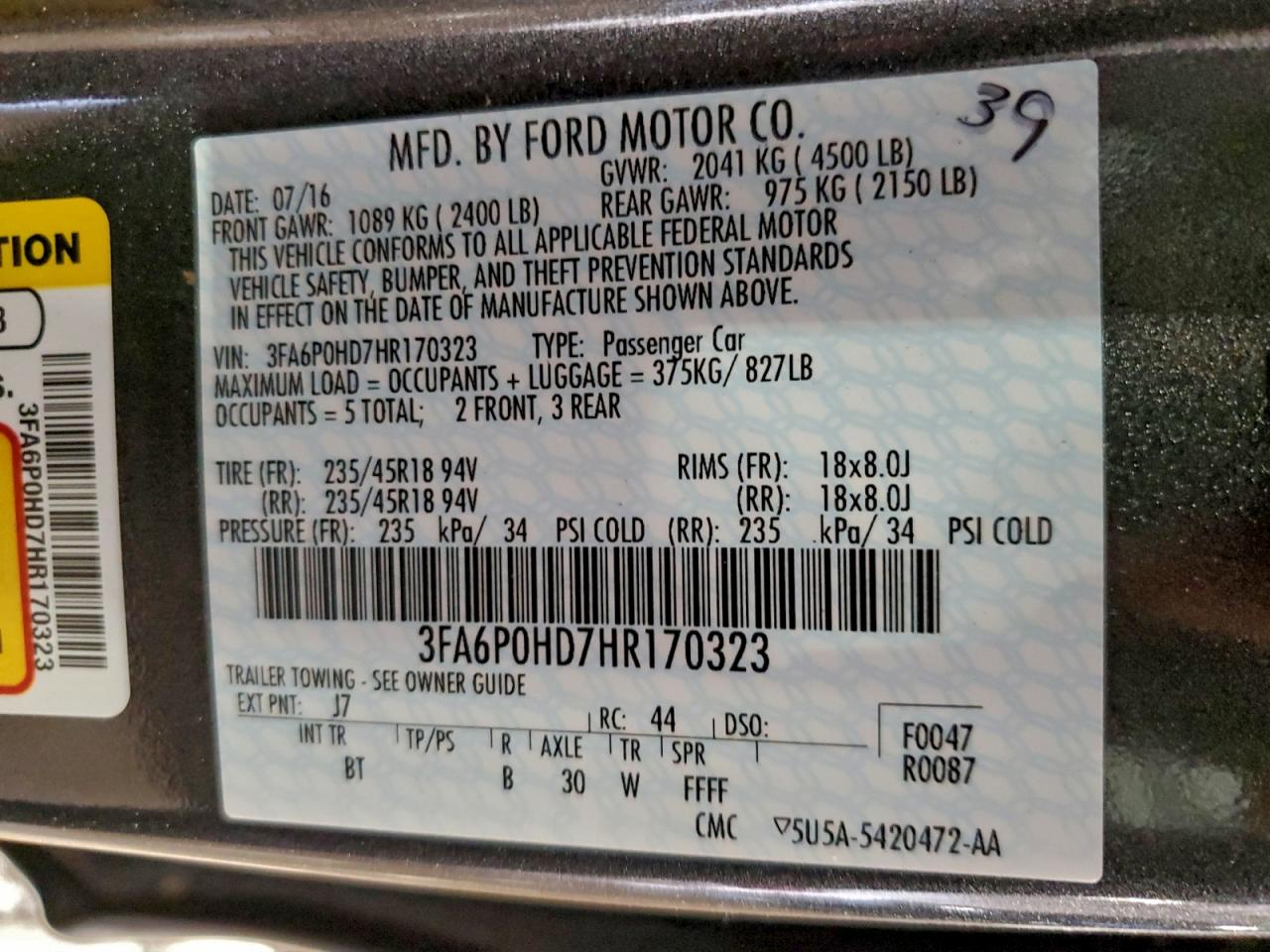 2017 FORD FUSION SE photo 12