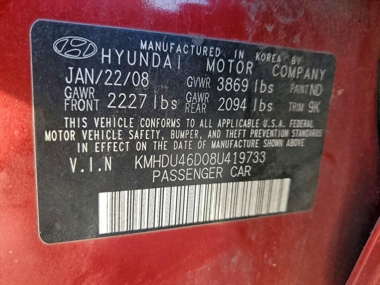 2008 HYUNDAI ELANTRA GLS photo 12