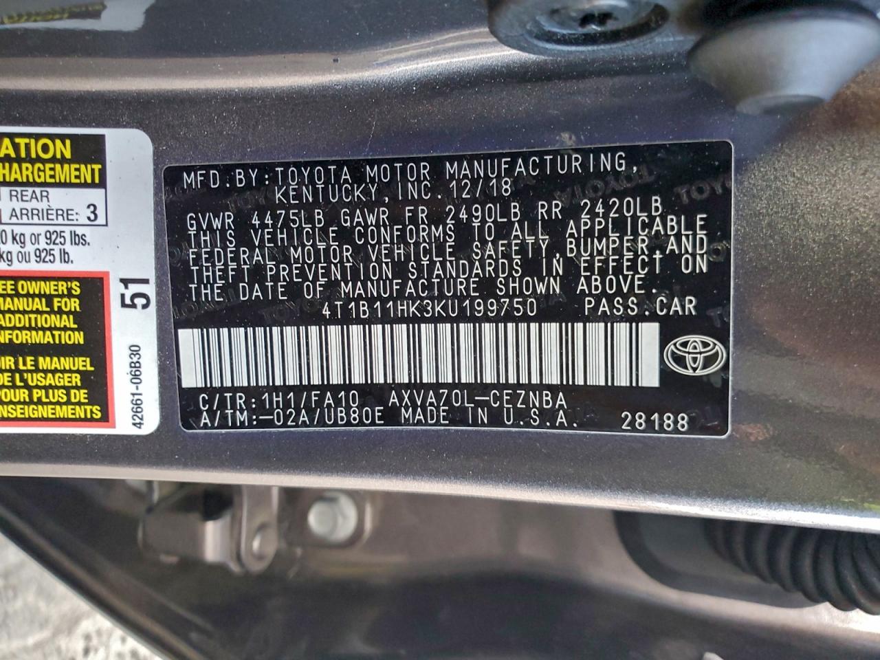2019 TOYOTA CAMRY L photo 12