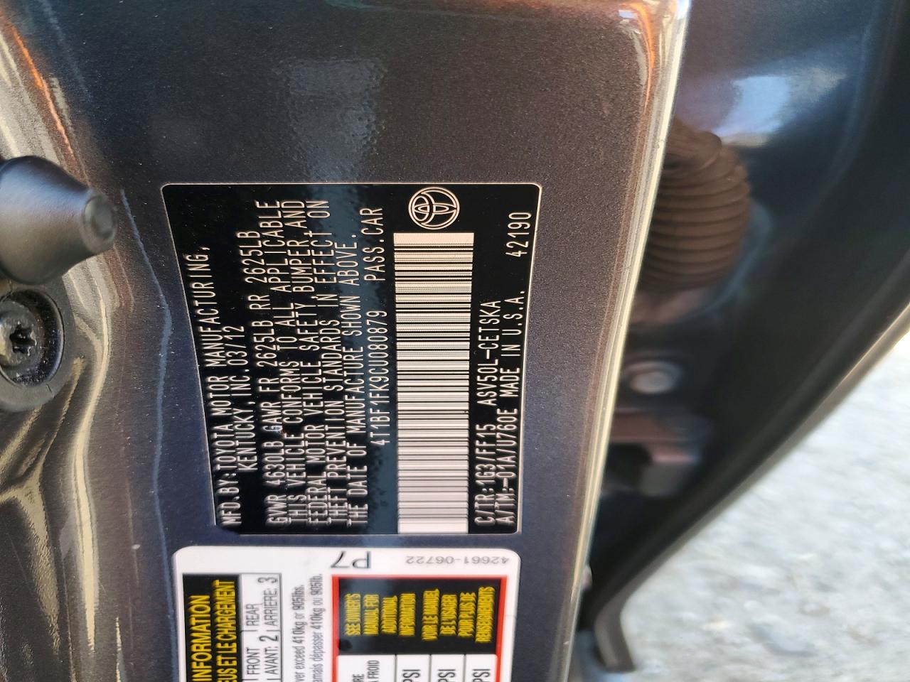 2012 TOYOTA CAMRY BASE photo 12