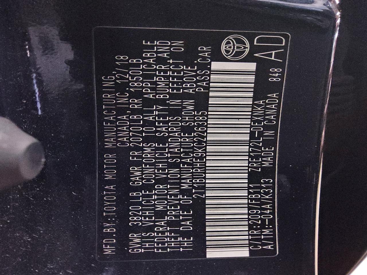2019 TOYOTA COROLLA L photo 12