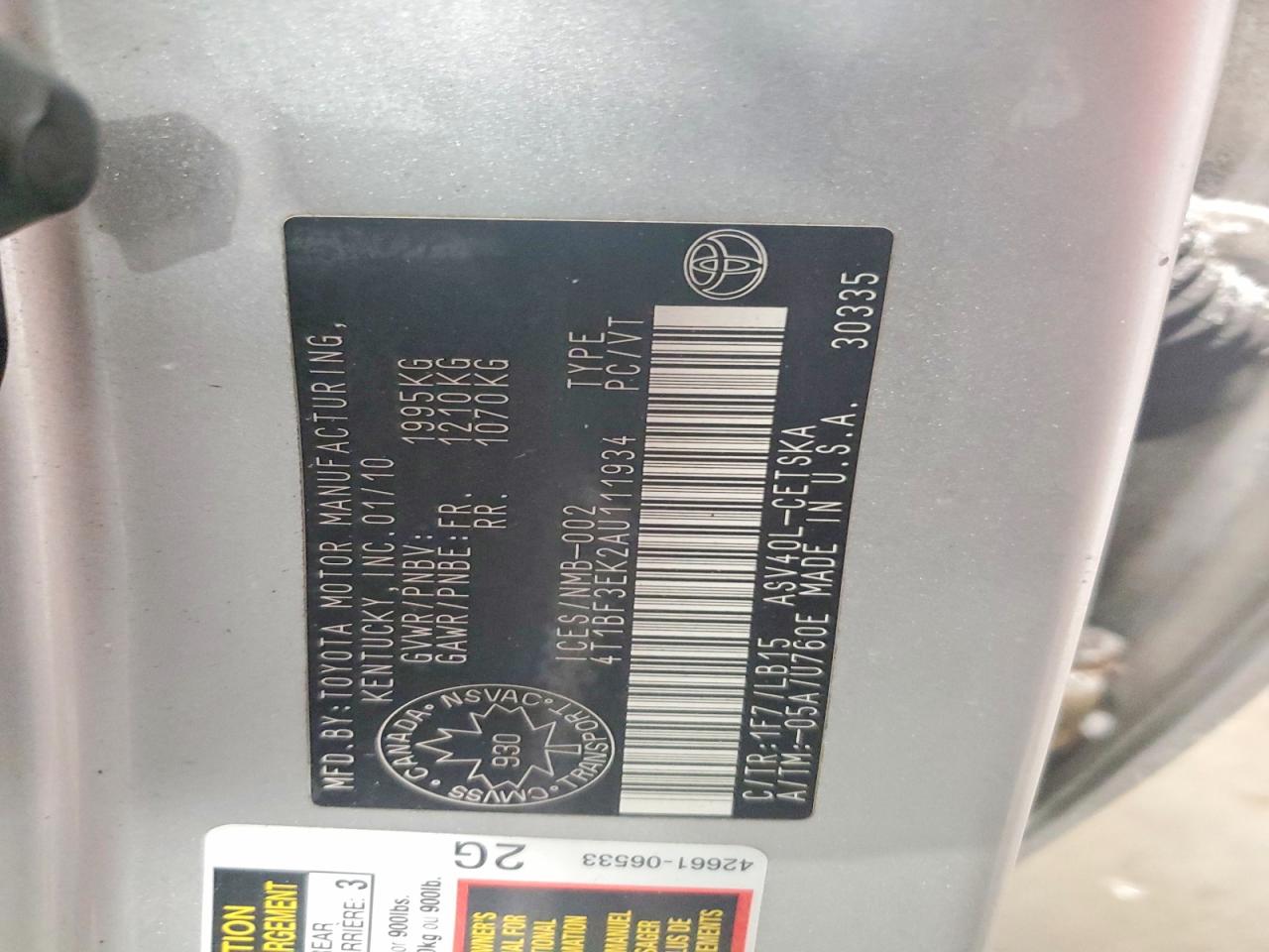 2010 TOYOTA CAMRY BASE photo 12