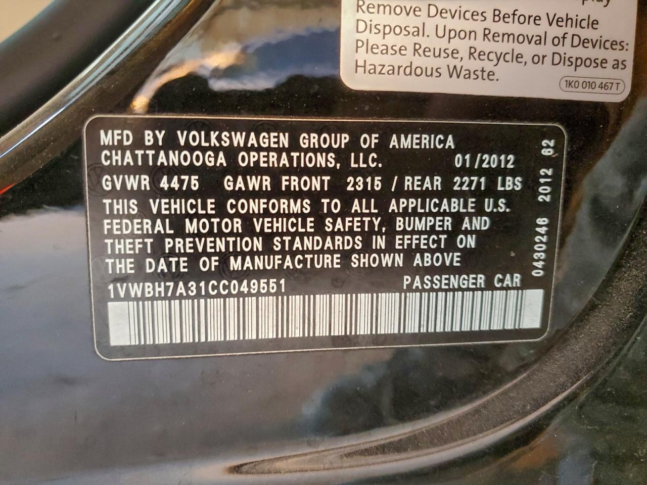 2012 VOLKSWAGEN PASSAT SE photo 12