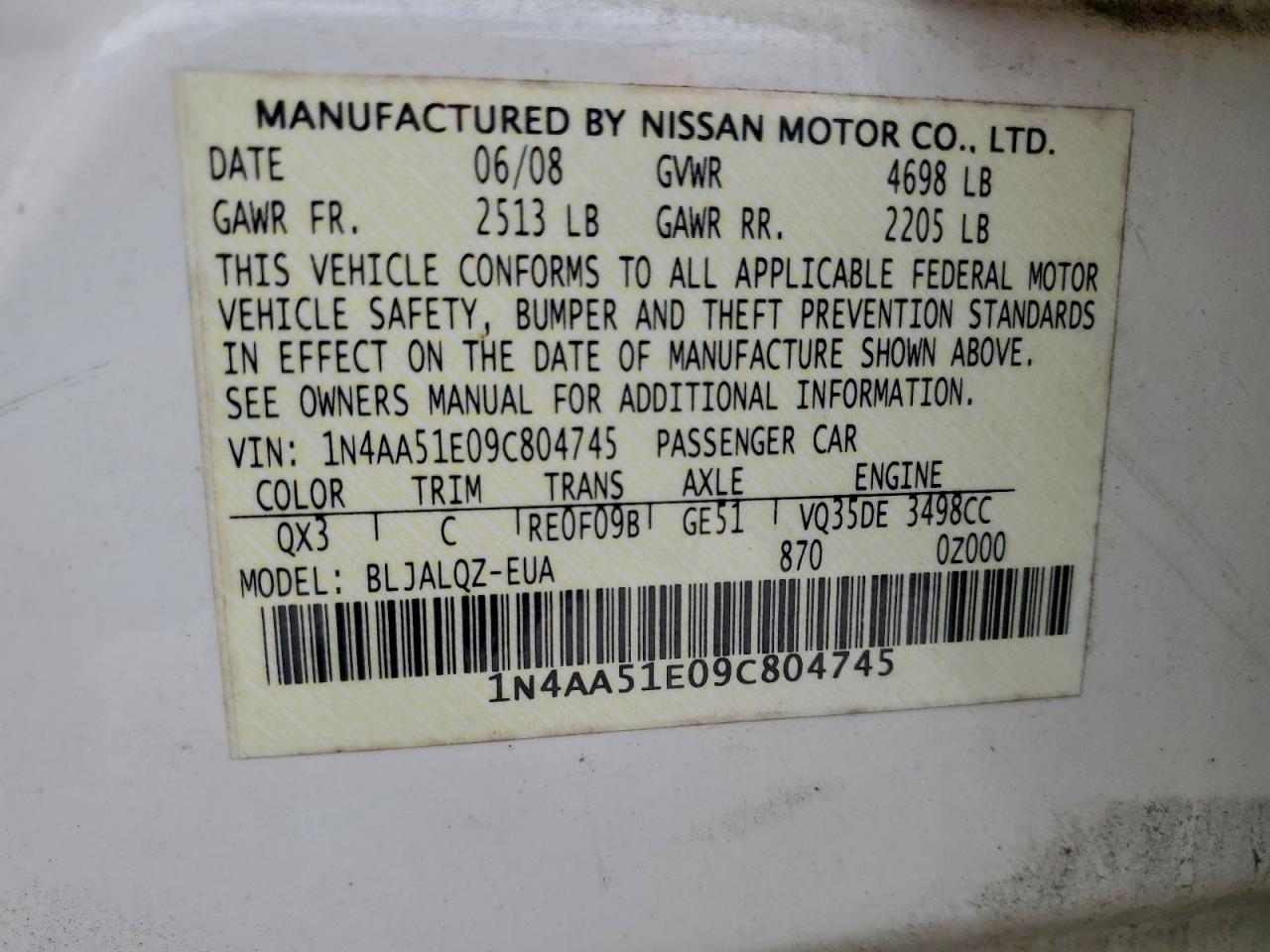 2009 NISSAN MAXIMA S photo 12