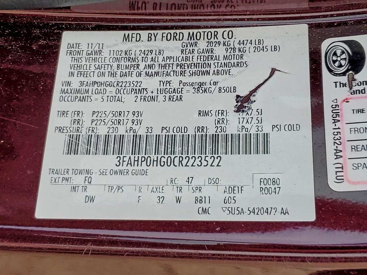 2012 FORD FUSION SE photo 12