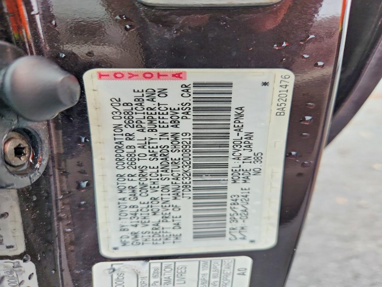 2002 TOYOTA CAMRY LE photo 12