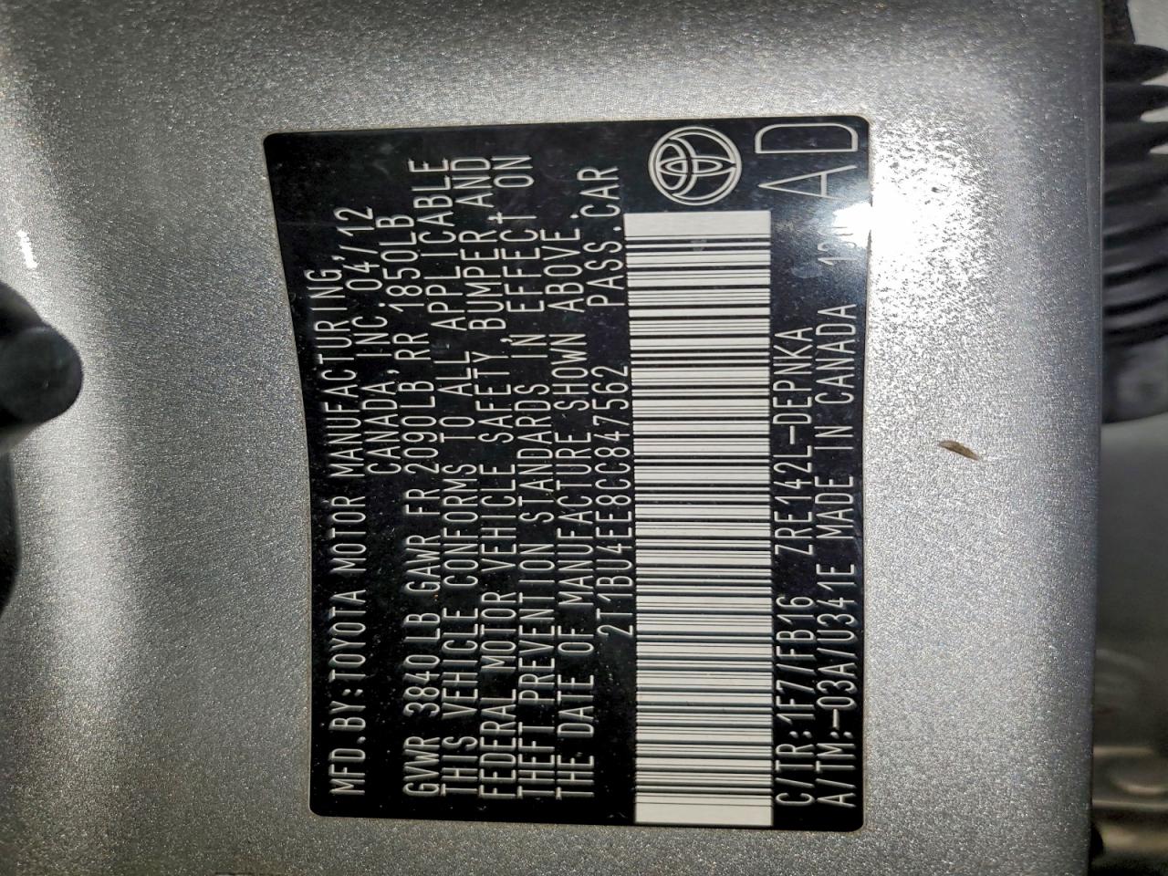 2012 TOYOTA COROLLA BASE photo 12