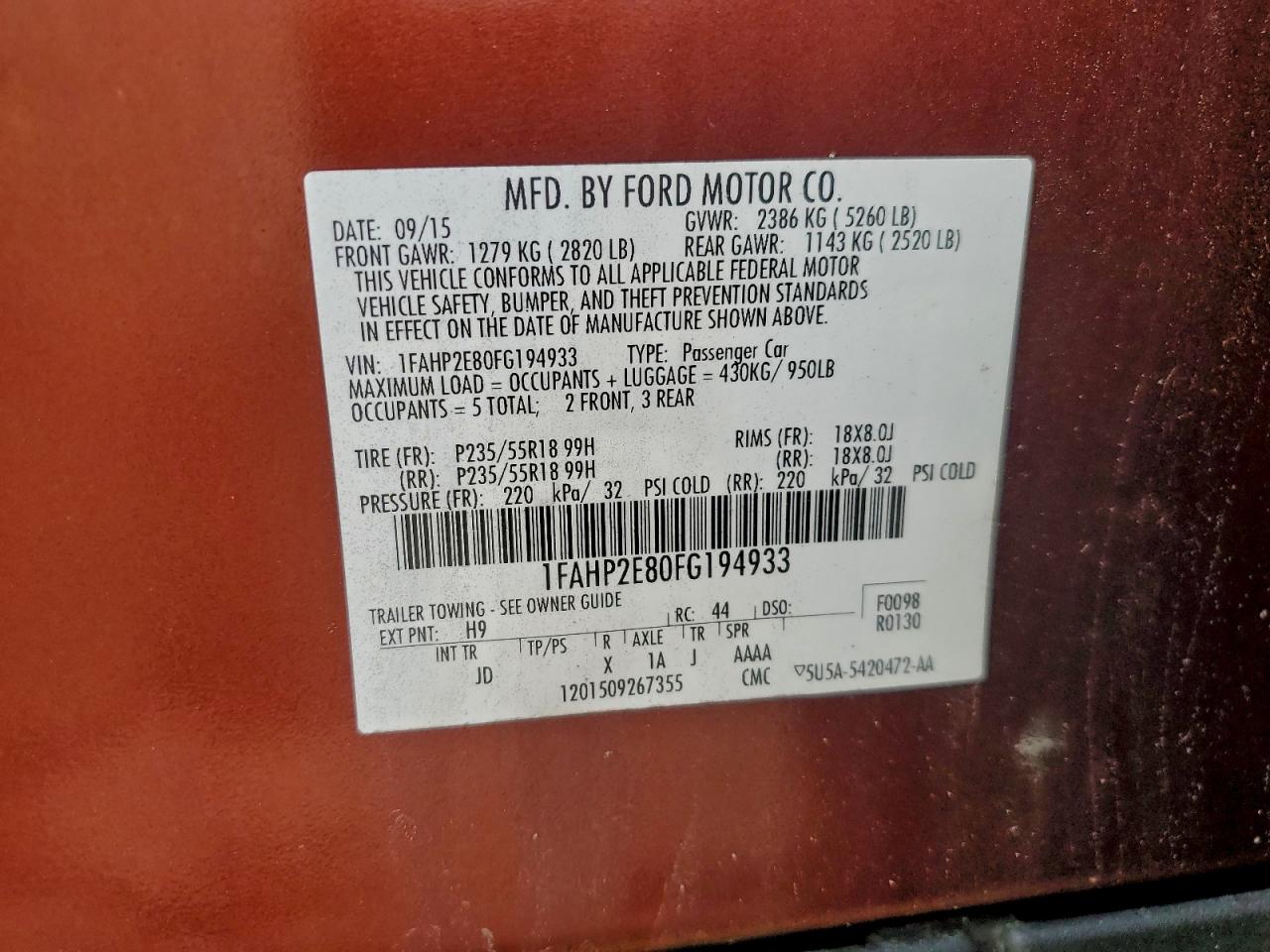 2015 FORD TAURUS SEL photo 12