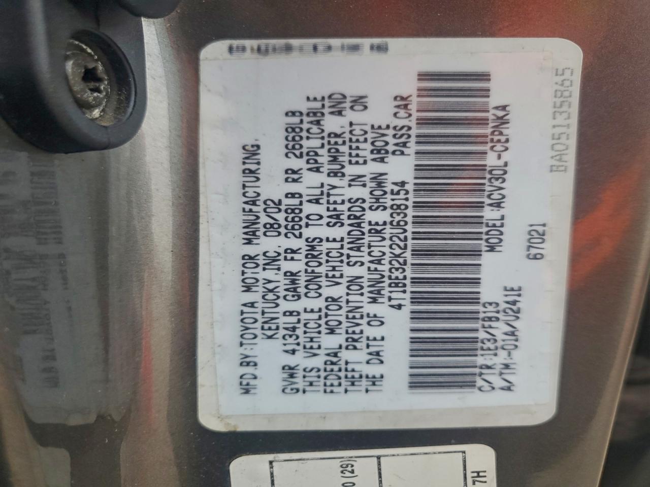 2002 TOYOTA CAMRY LE photo 12