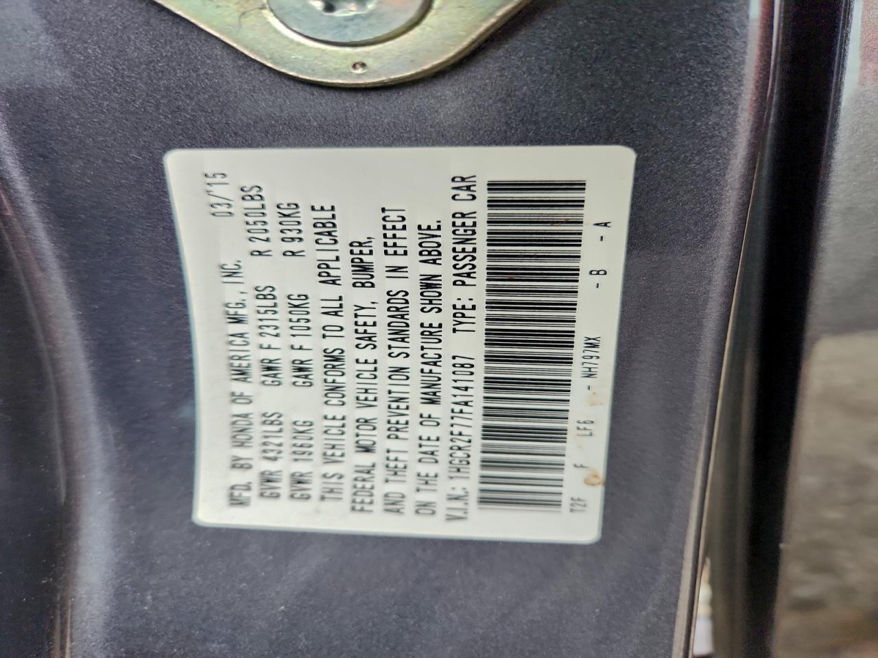 2015 HONDA ACCORD EX photo 12