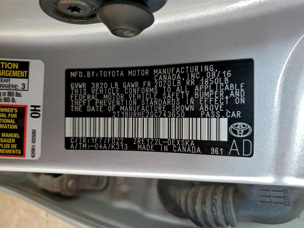 2016 TOYOTA COROLLA L photo 12
