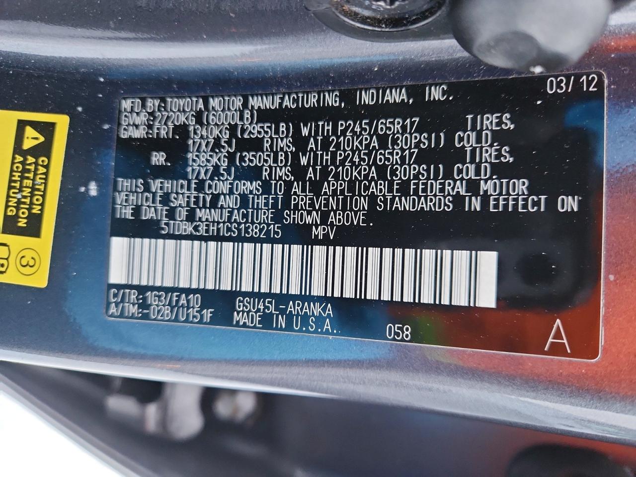 2012 TOYOTA HIGHLANDER BASE photo 12