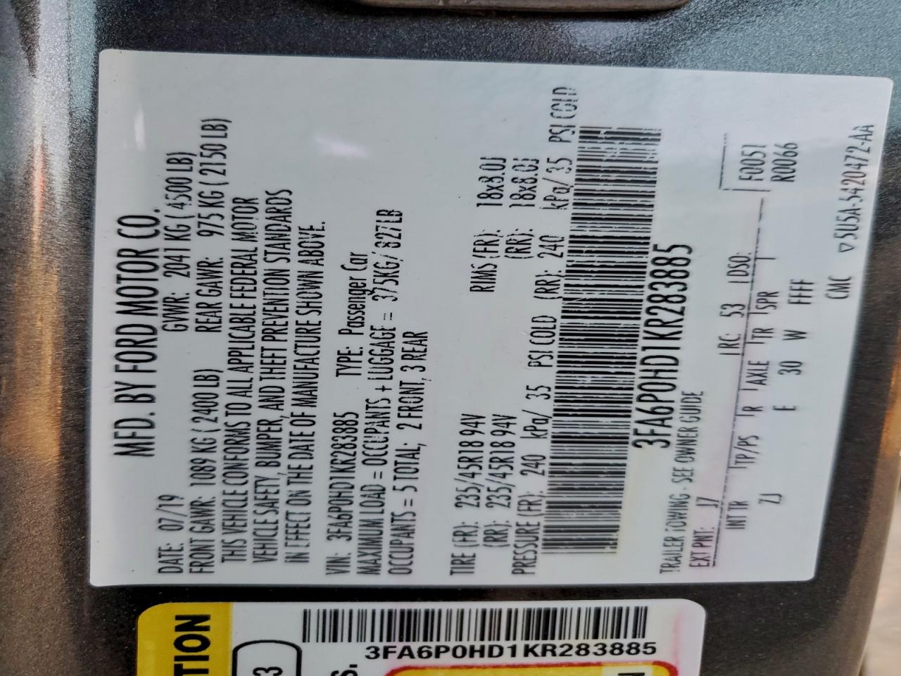 2019 FORD FUSION SE photo 12