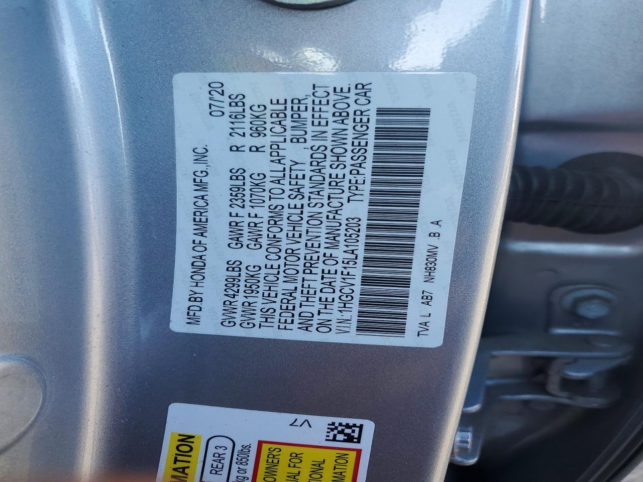 2020 HONDA ACCORD LX photo 12