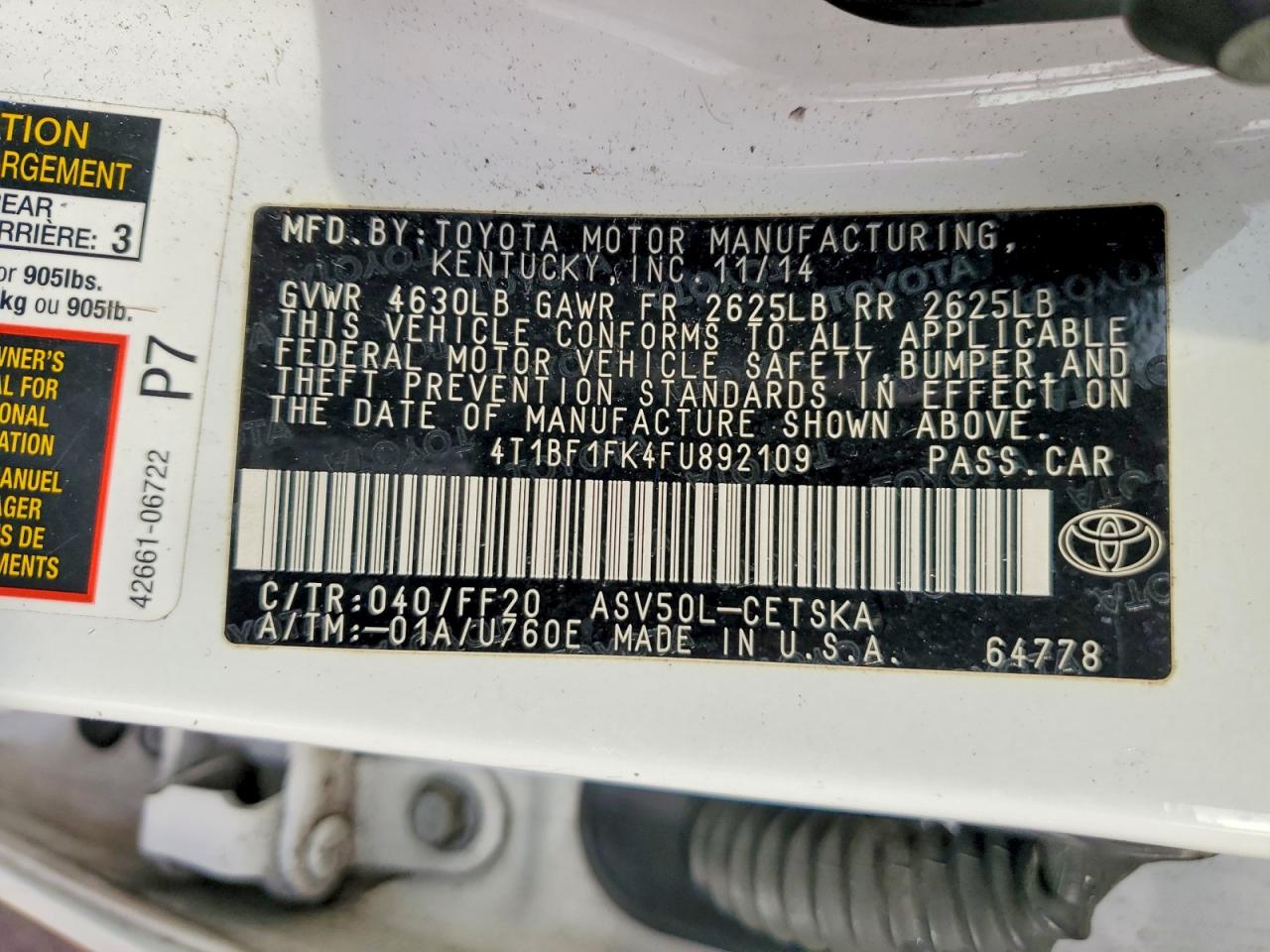 2015 TOYOTA CAMRY LE photo 12