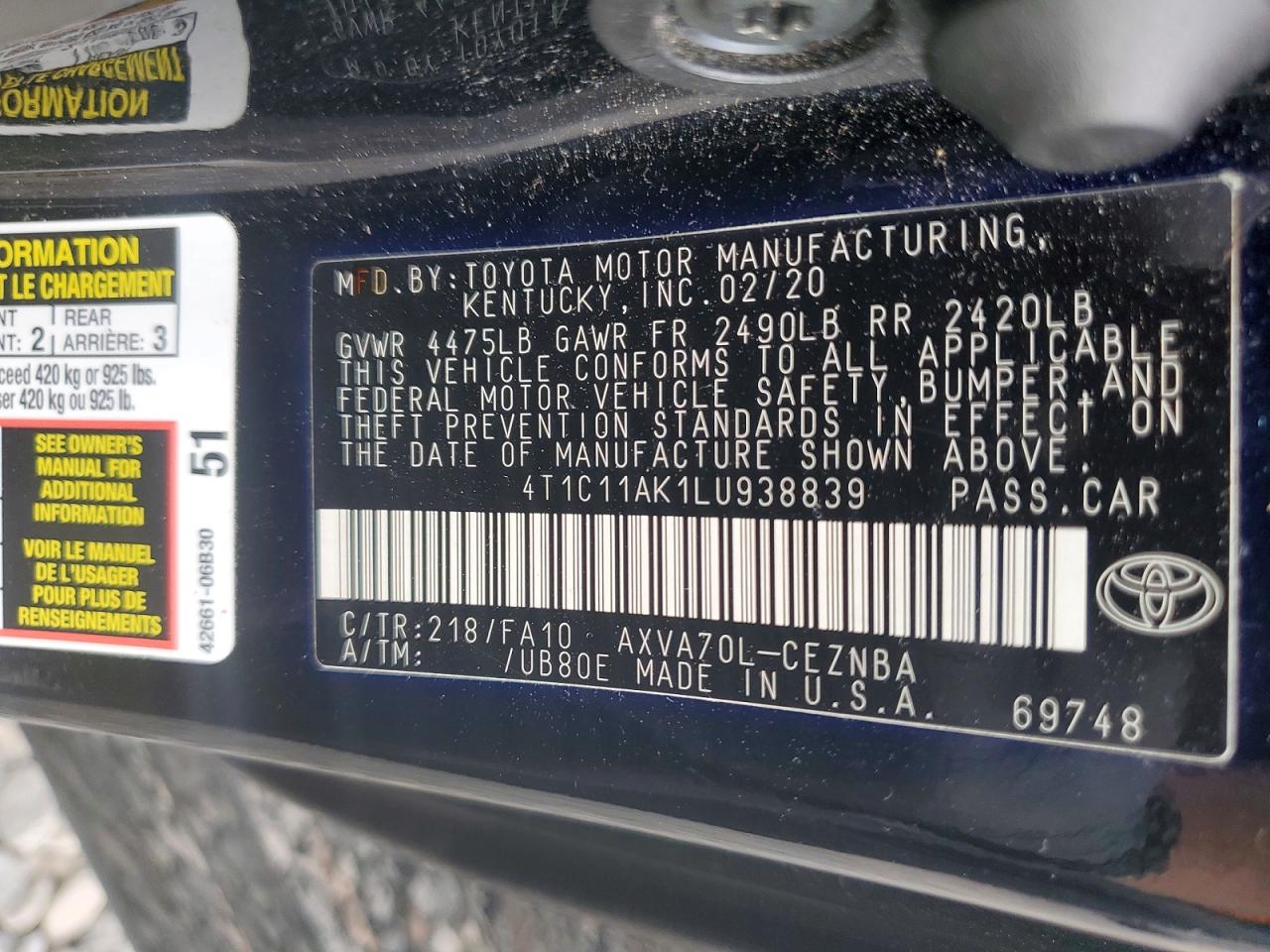 2020 TOYOTA CAMRY LE photo 12