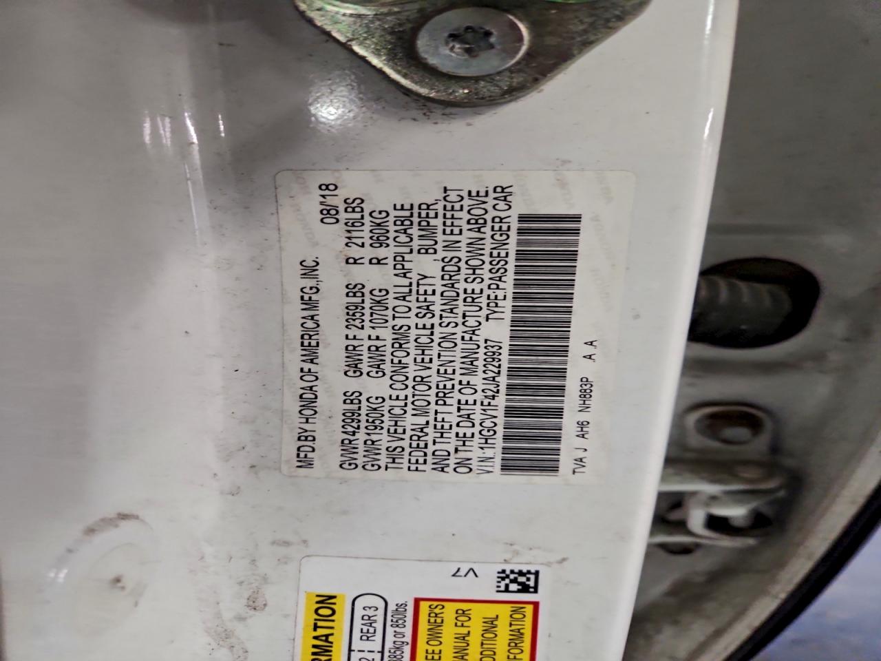 2018 HONDA ACCORD EX photo 12