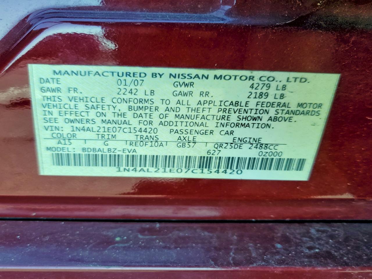 2007 NISSAN ALTIMA 2.5 photo 23