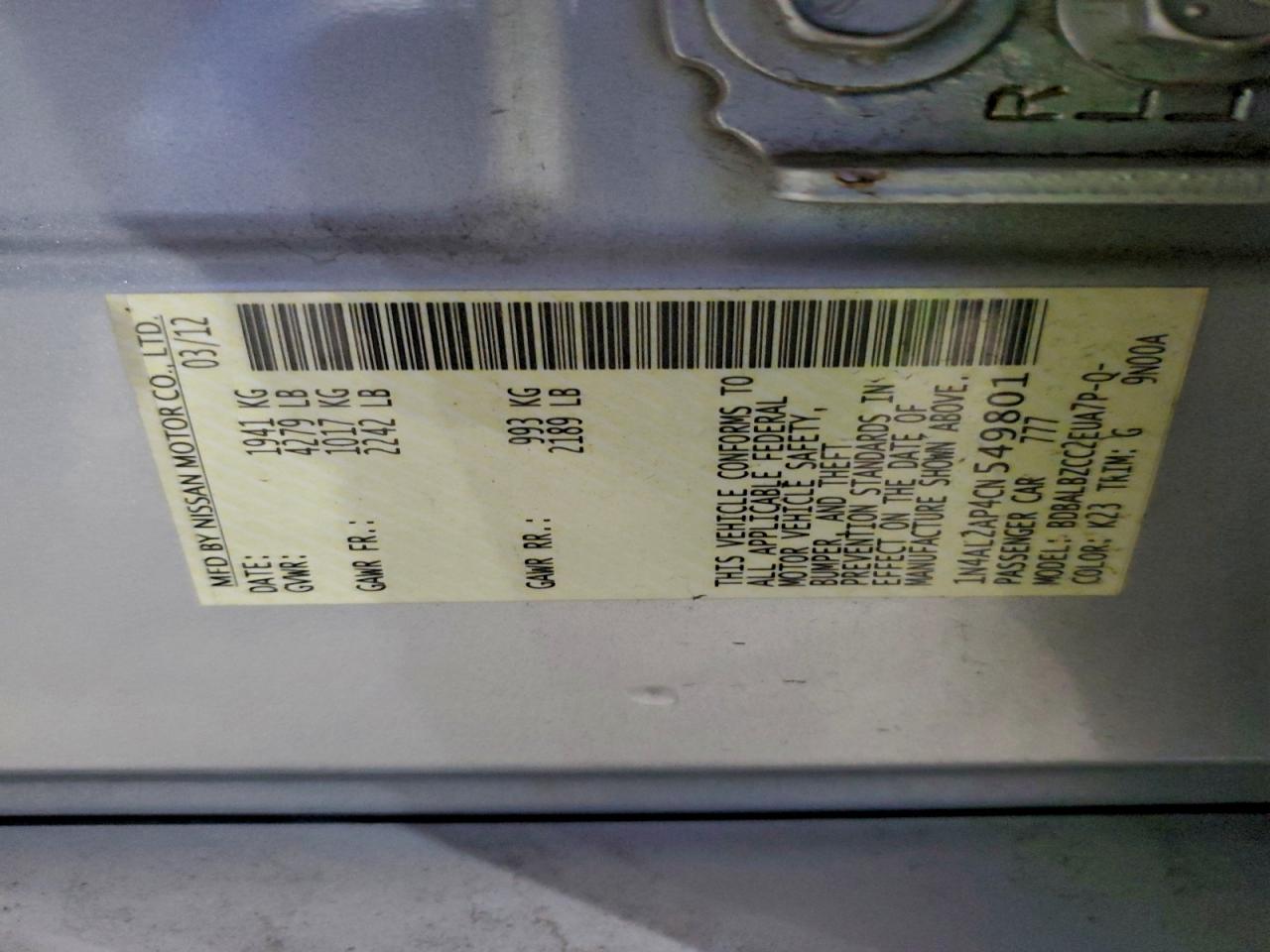 2012 NISSAN ALTIMA BASE photo 13