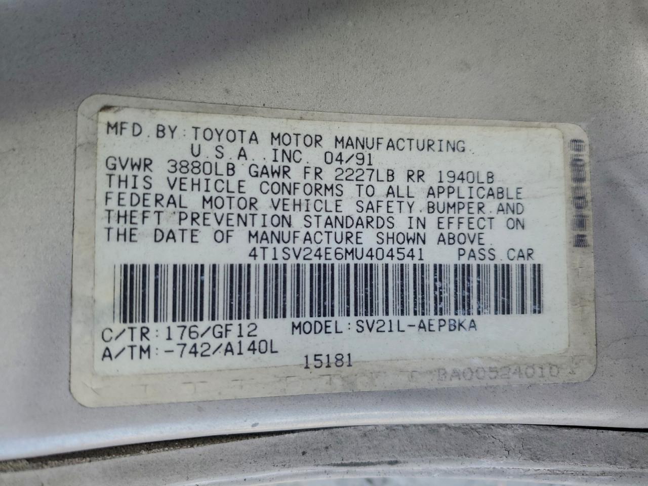 1991 TOYOTA CAMRY photo 12