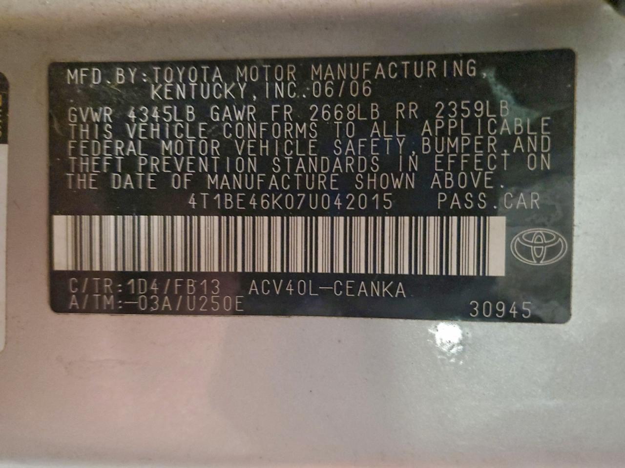 2007 TOYOTA CAMRY CE photo 12