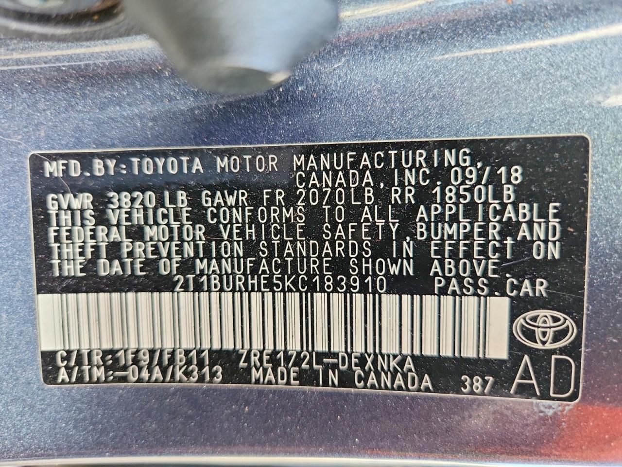 2019 TOYOTA COROLLA L photo 13