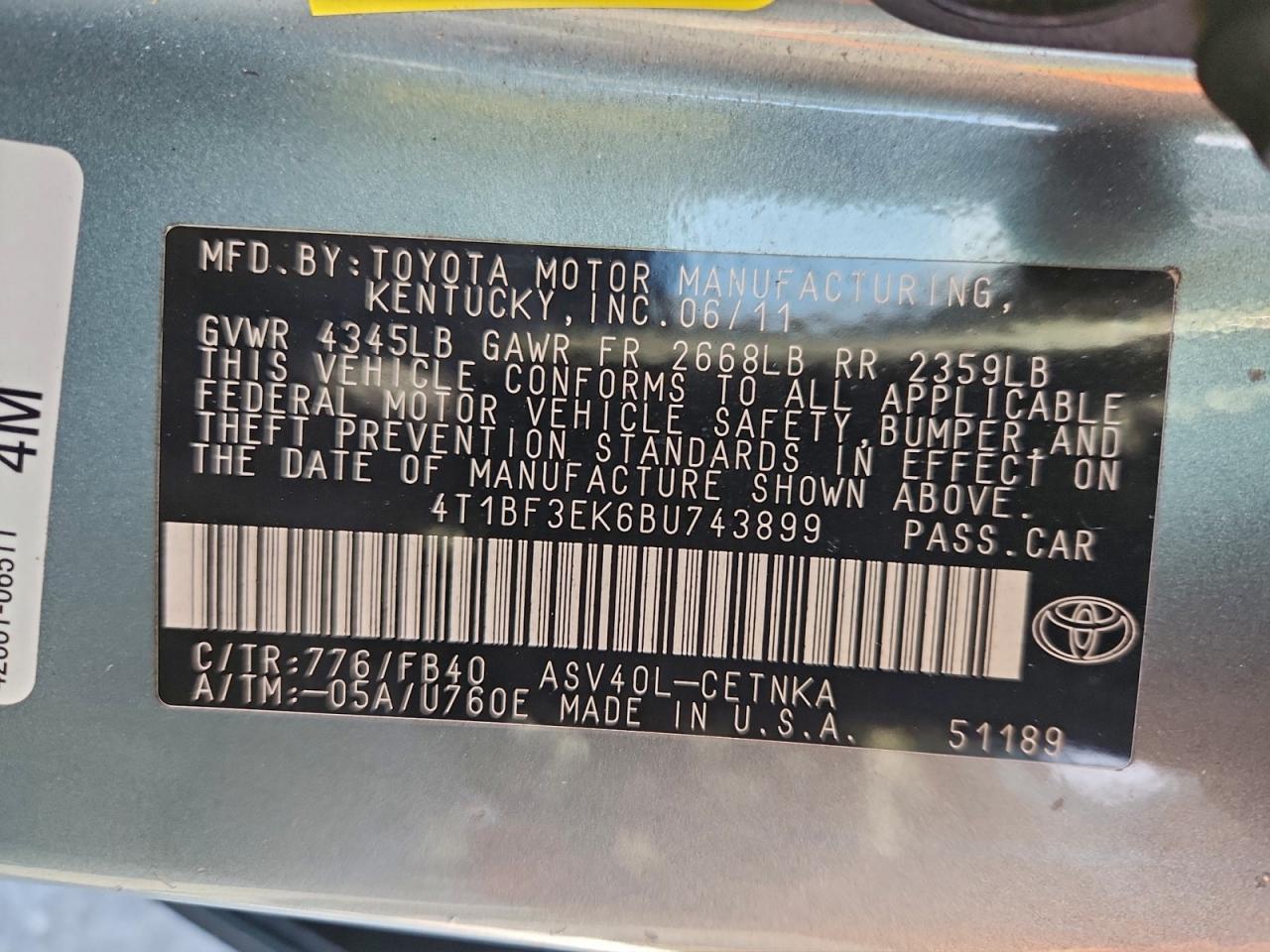 2011 TOYOTA CAMRY BASE photo 12