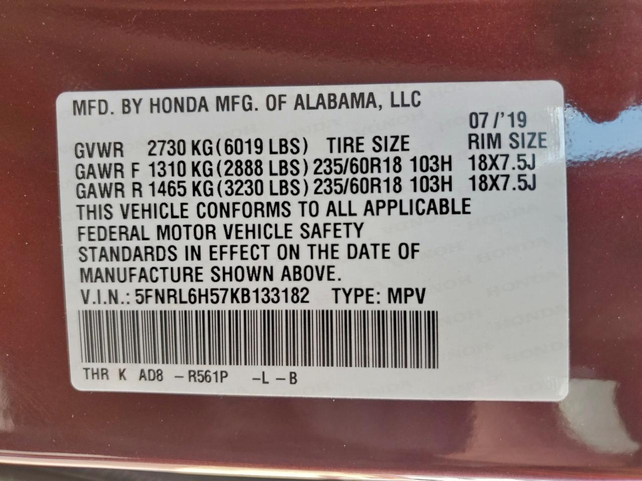 2019 HONDA ODYSSEY EX photo 13