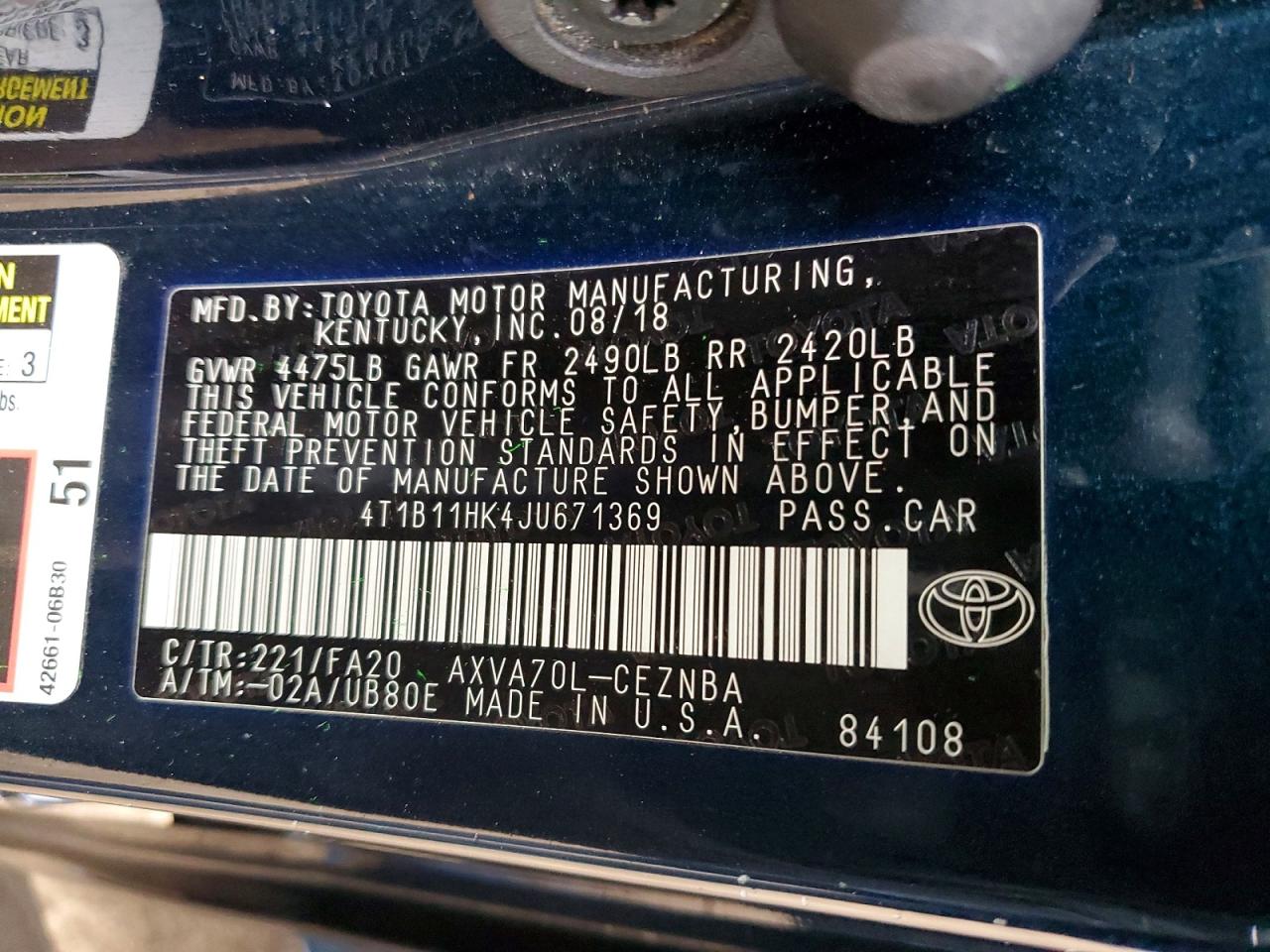 2018 TOYOTA CAMRY L photo 13