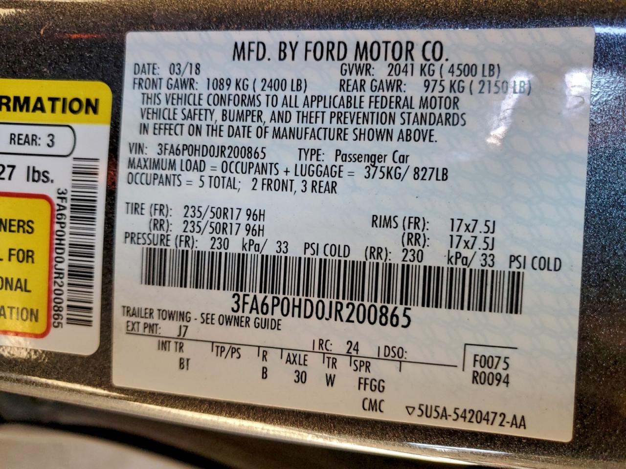 2018 FORD FUSION SE photo 12