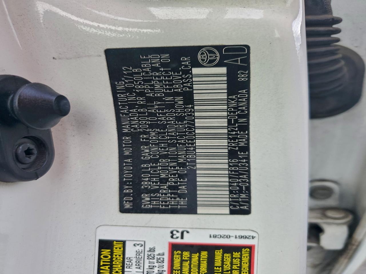 2012 TOYOTA COROLLA BASE photo 12