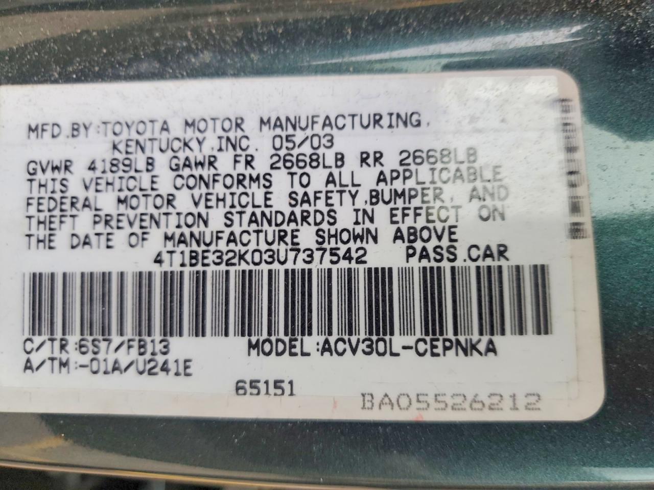2003 TOYOTA CAMRY LE photo 23