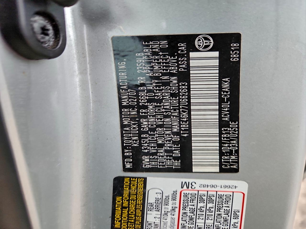 2007 TOYOTA CAMRY CE photo 12