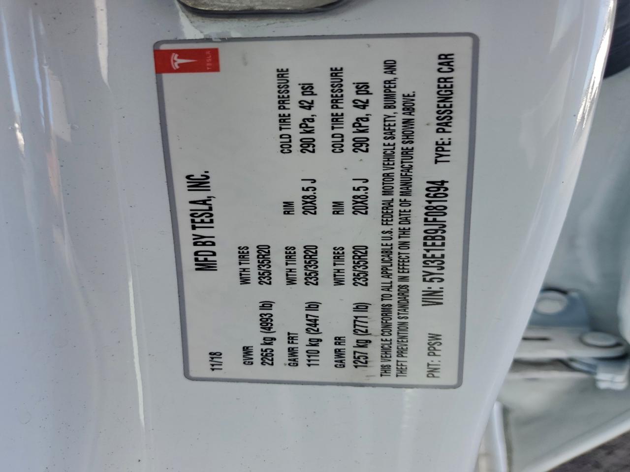 2018 TESLA MODEL 3 photo 12