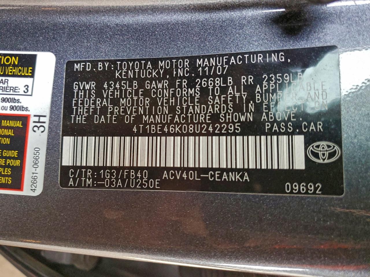 2008 TOYOTA CAMRY CE photo 12